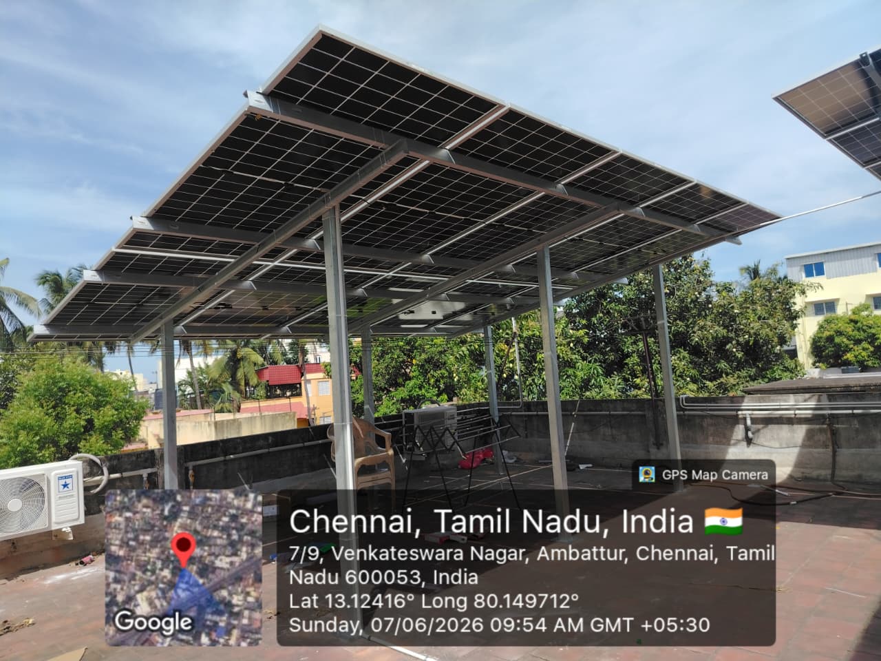 Solar installation at Venkateswara Nagar, Ambattur — bifacial elevated rooftop array.