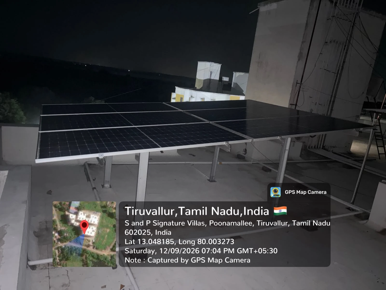 High-clearance elevated solar mounting structure at S and P Signature Villas, Poonamallee, Chennai — rooftop solar installation by Gensolar Energy Pvt Ltd, photographed 12 September 2026.