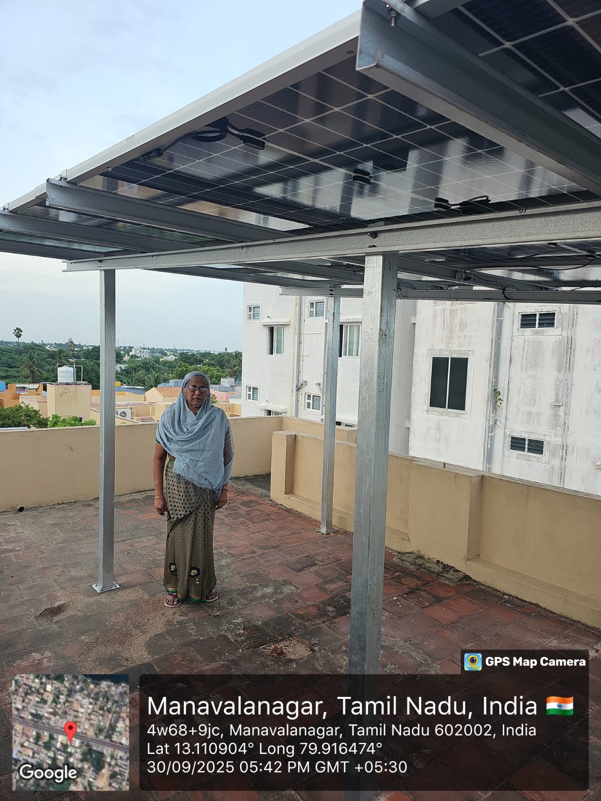 Solar panel installation at Manavalanagar, Tiruvallur district, Tamil Nadu — elevated rooftop array by Gensolar Energy Pvt Ltd.