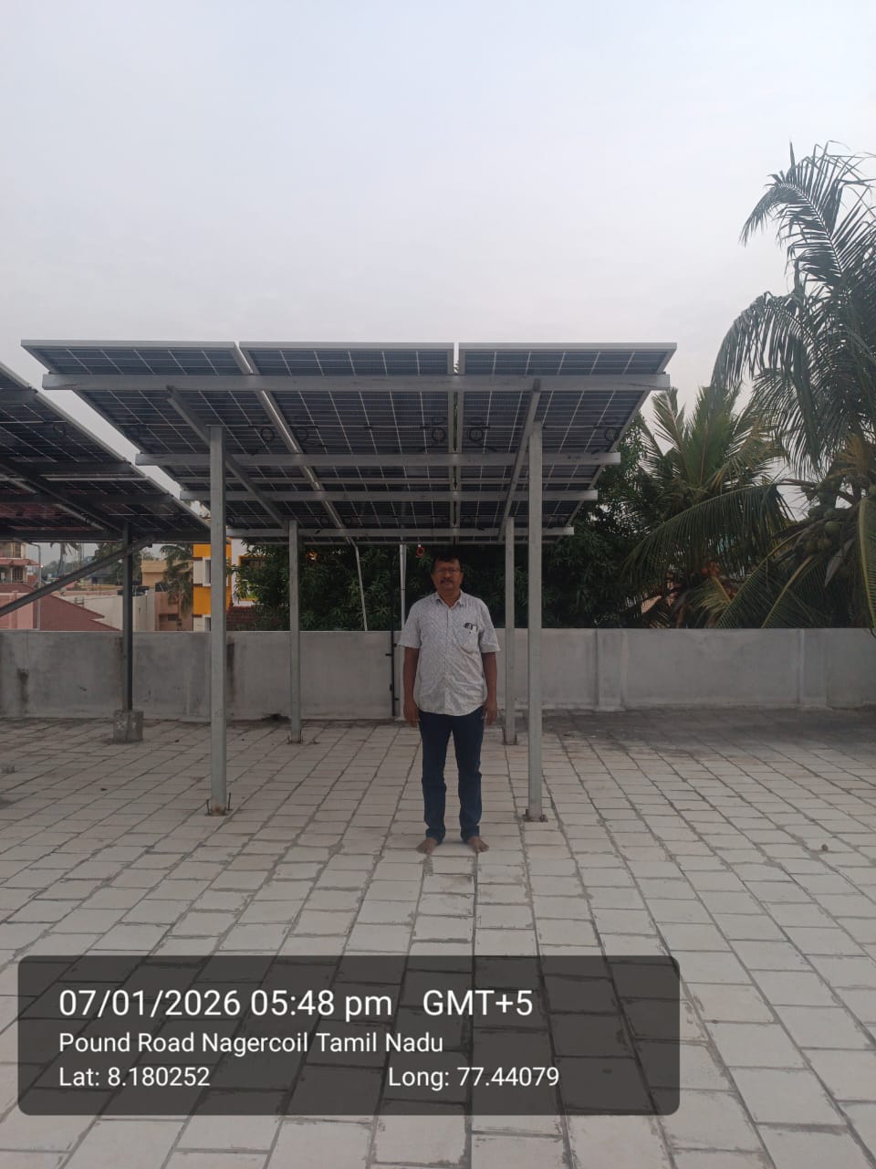 Geo-tagged rooftop solar installation at Pound Road, Nagercoil — photographed 7 January 2026.
