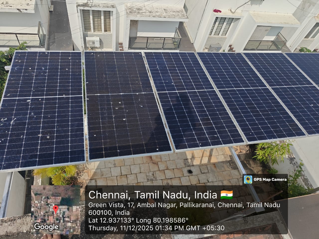 Solar panel installation at Ambal Nagar, Pallikaranai, Chennai — six-panel villa rooftop array.