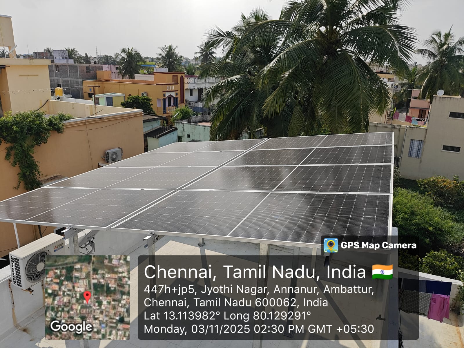 Solar installation for Amali Pushpam at Jyothi Nagar, Annanur, Ambattur, Chennai.