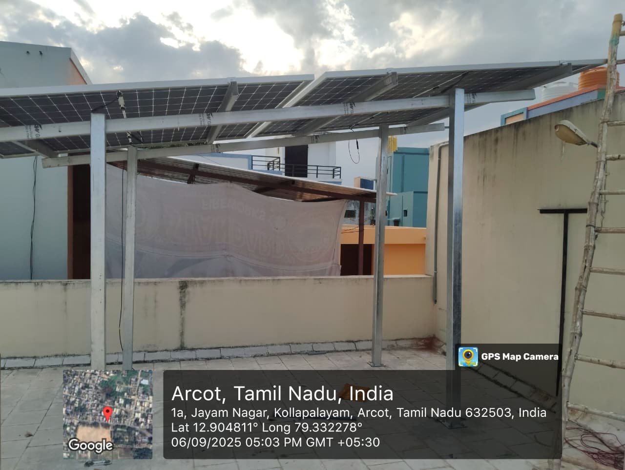 Solar panel installation at Arcot, Ranipet, Tamil Nadu — raised rooftop structure by Gensolar Energy Pvt Ltd.
