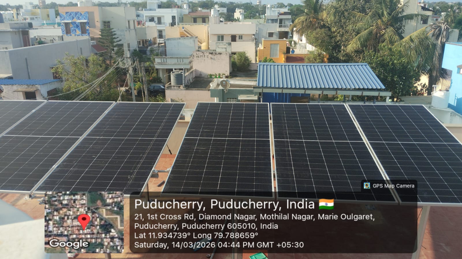 Solar installation at Diamond Nagar, Puducherry — tilted rooftop mono PERC array.