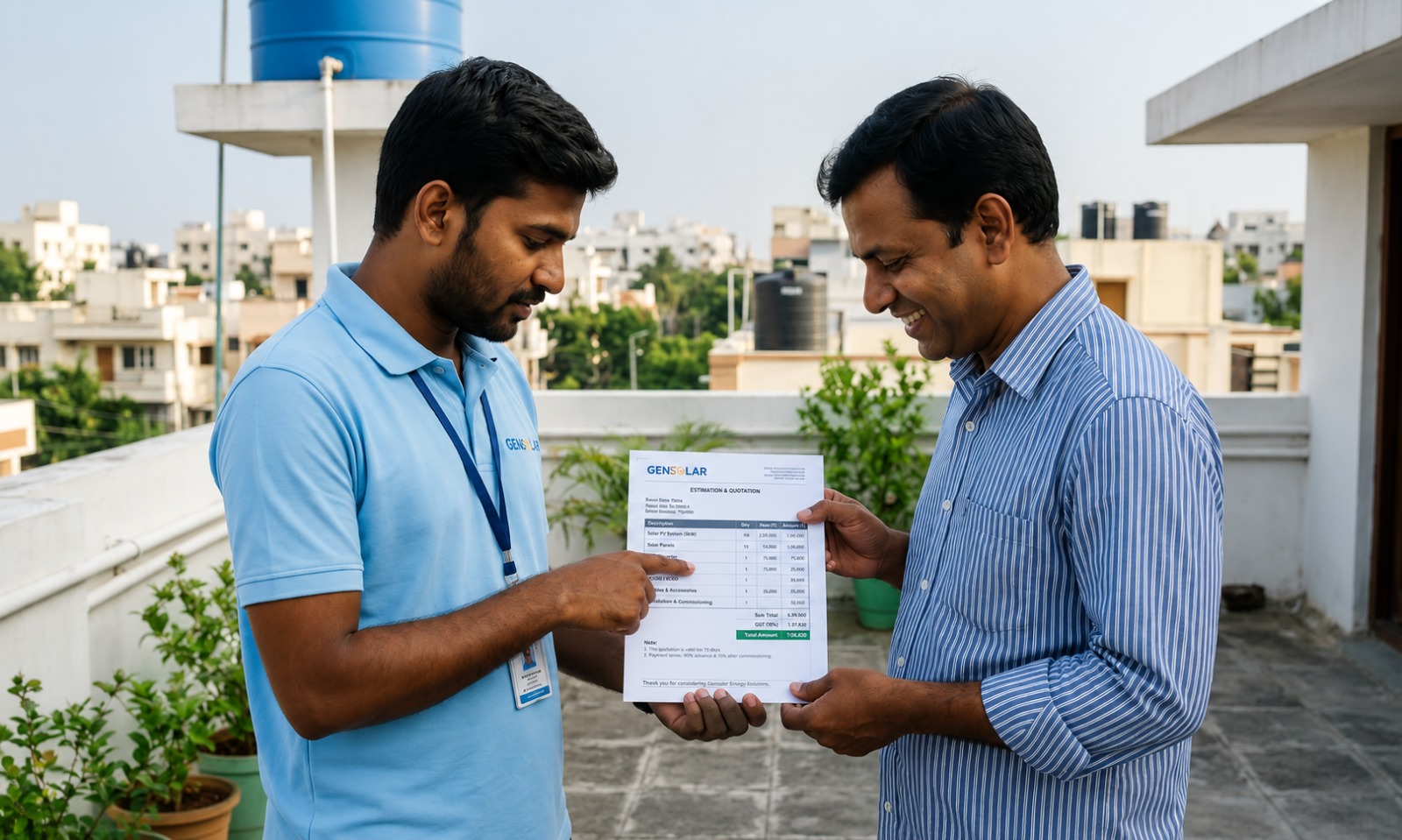 Gensolar consultant explaining a fixed-price solar quotation to a customer