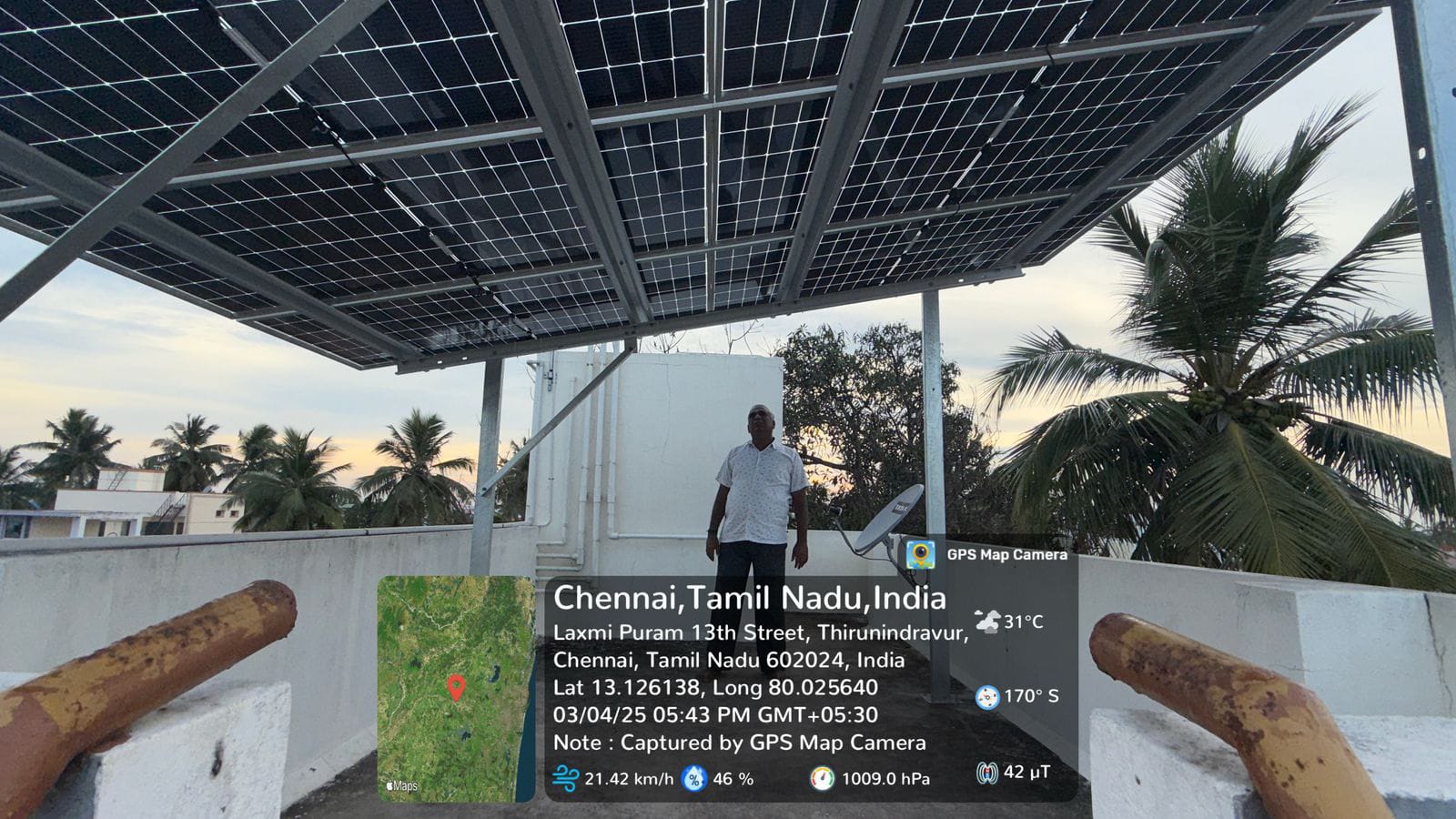 Solar panel installation at Thirunindravur, Chennai, Tamil Nadu — elevated terrace structure by Gensolar Energy Pvt Ltd.