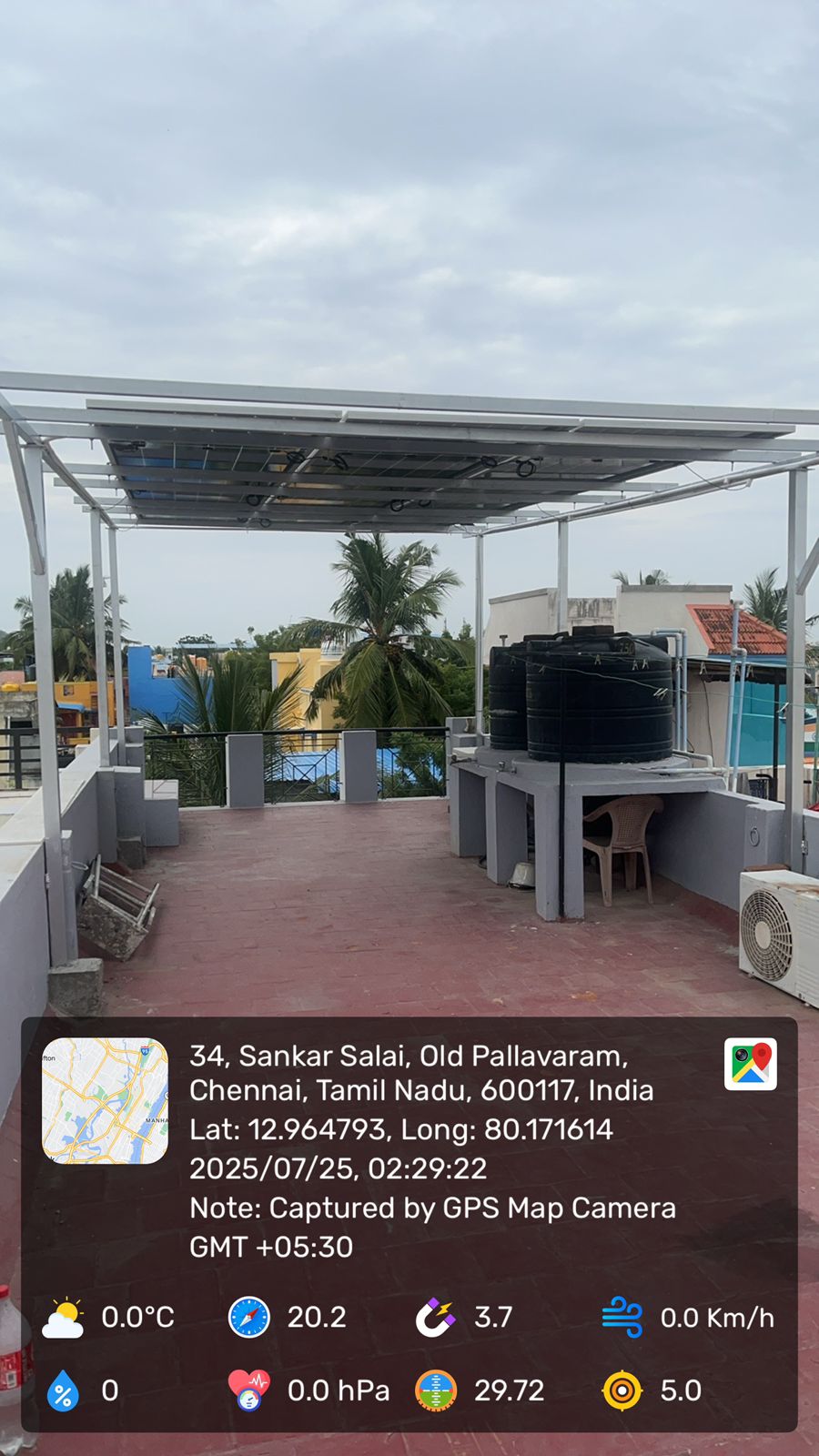 Solar installation for Ramya Ramanan at Sankar Salai, Old Pallavaram, Chennai — elevated canopy.