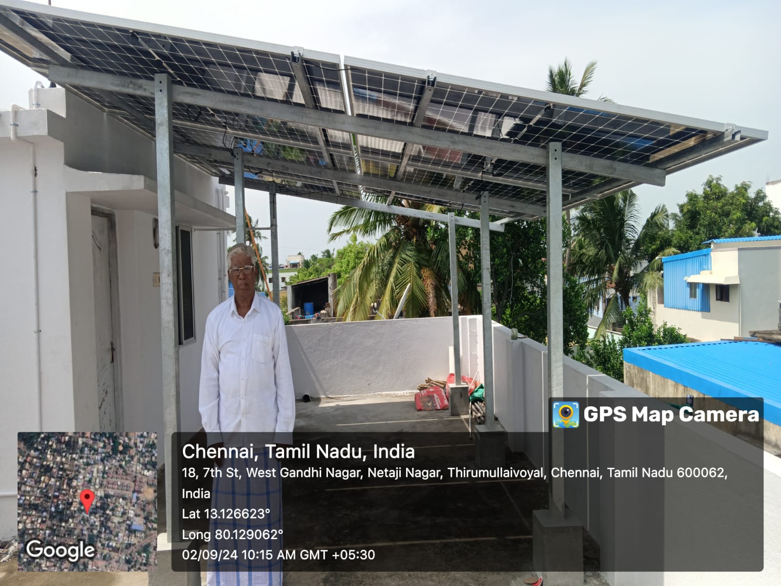 Solar panel installation at Thirumullaivoyal, Chennai, Tamil Nadu — raised carport-style structure by Gensolar Energy Pvt Ltd.
