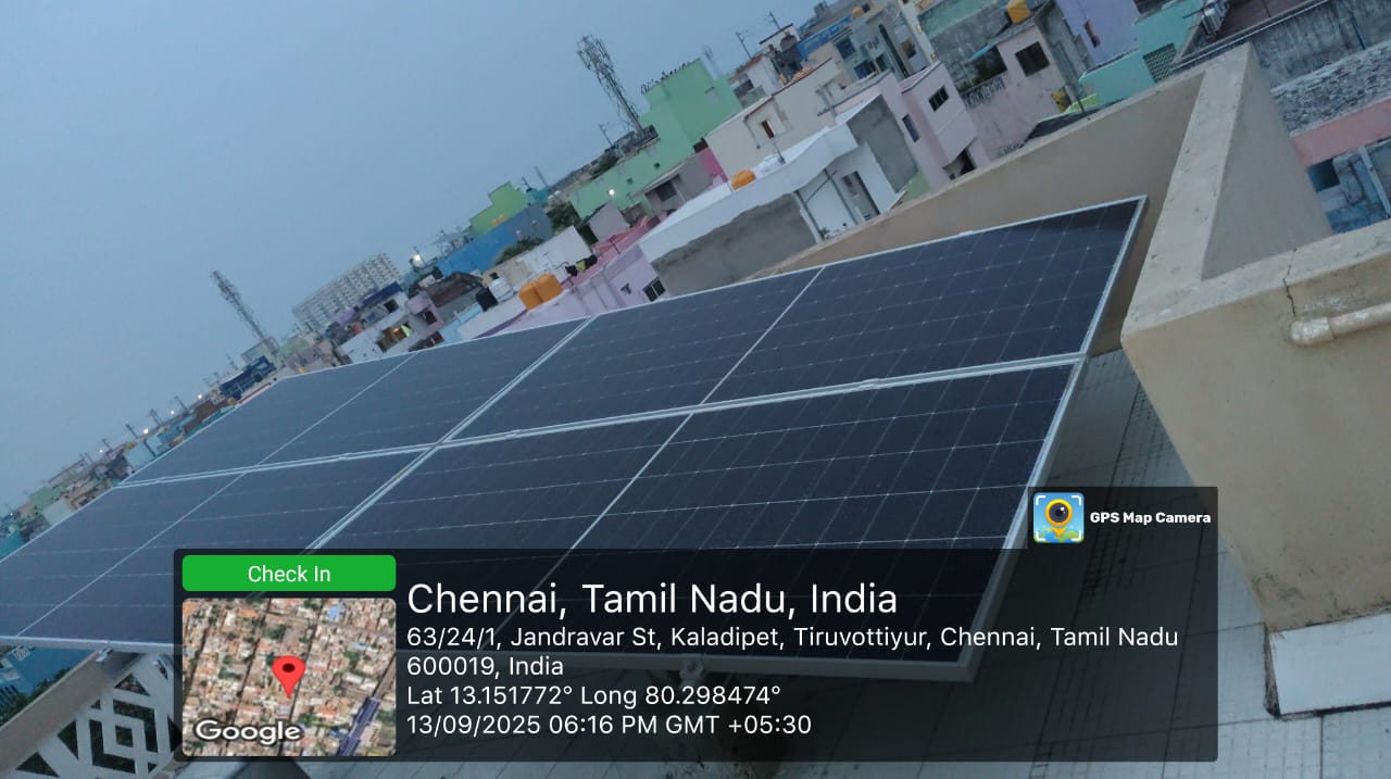 Solar installation for Preethi Karthika at Kaladipet, Tiruvottiyur, Chennai.