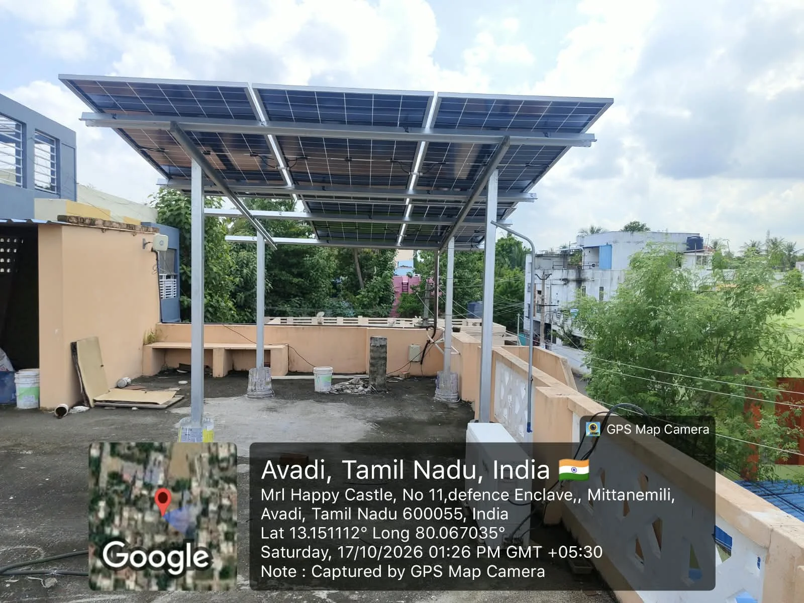 Solar installation at Avadi, Chennai — Residential rooftop · Elevated structure