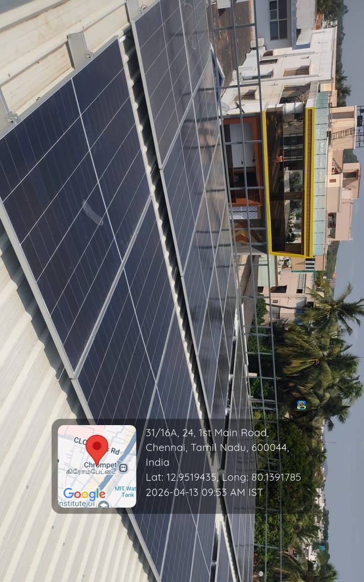 Solar installation at Chromepet, Chennai — sheet-roof mounted commercial solar array.