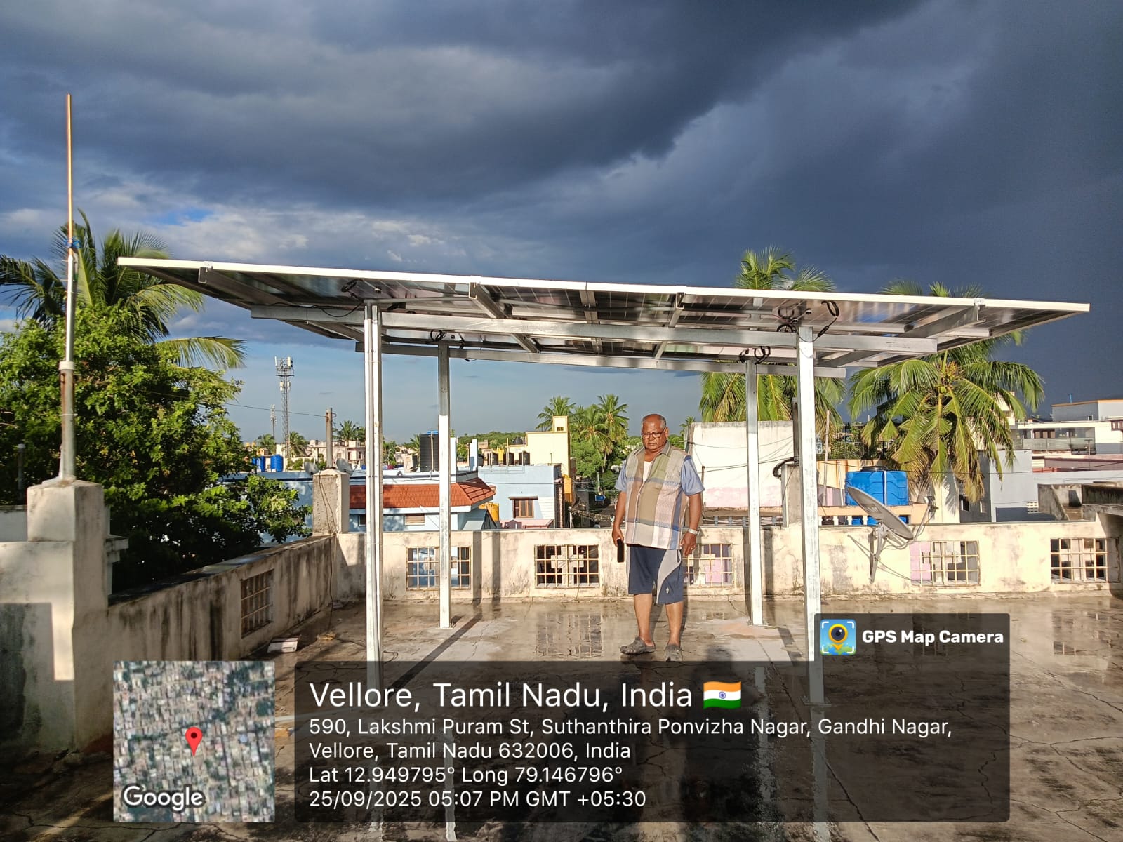 Solar installation for Ebinesar at Gandhi Nagar, Vellore — elevated terrace canopy.