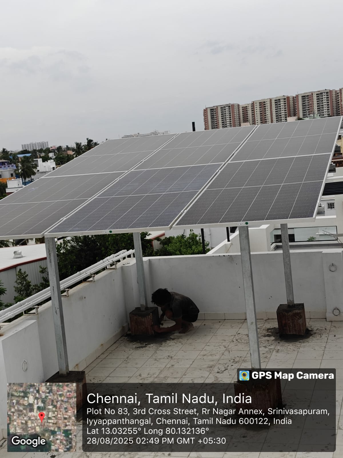 Solar installation for Selvaraj at Iyyappanthangal, Chennai — elevated terrace array.