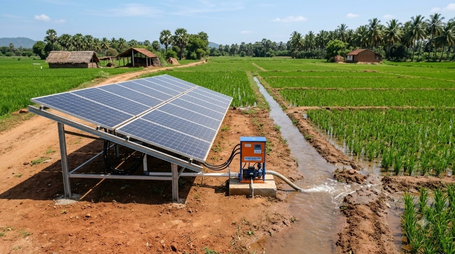 Solar powered agricultural water pump irrigating a paddy field in Tamil Nadu