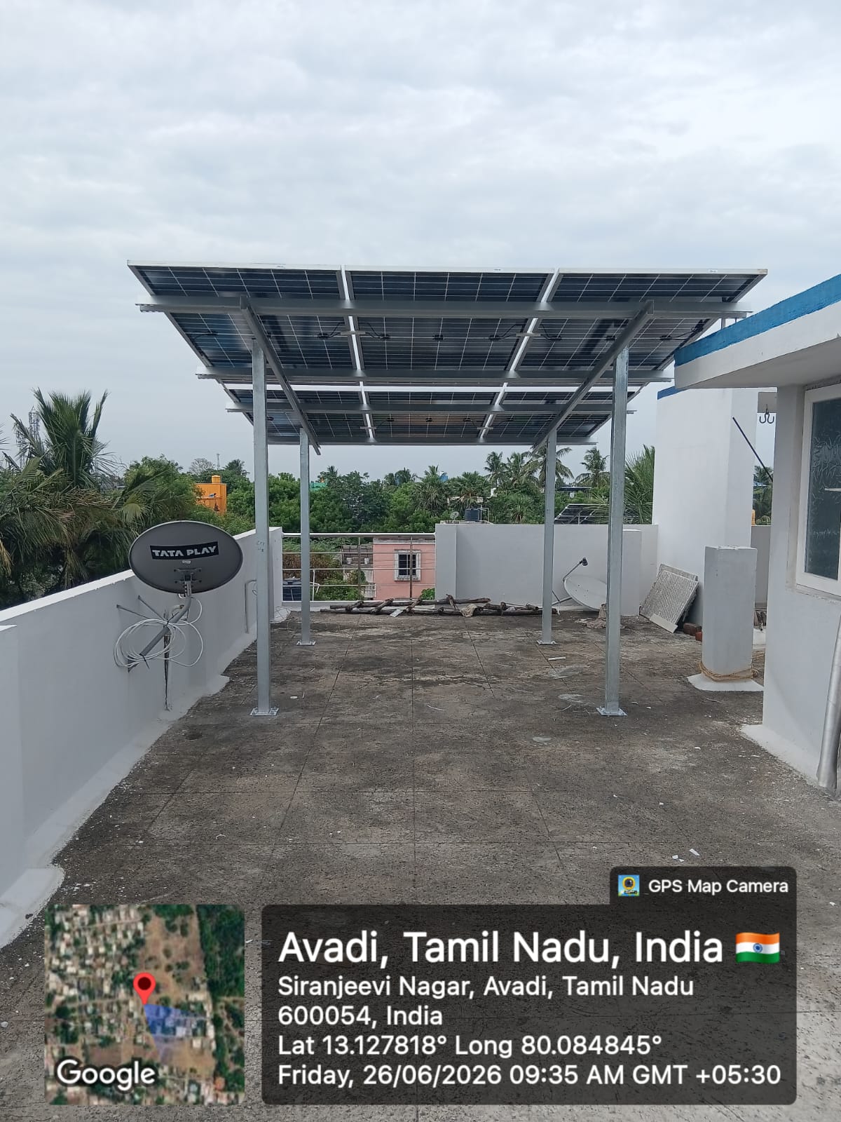 Solar installation at Avadi, Chennai — elevated terrace-mounted solar structure.