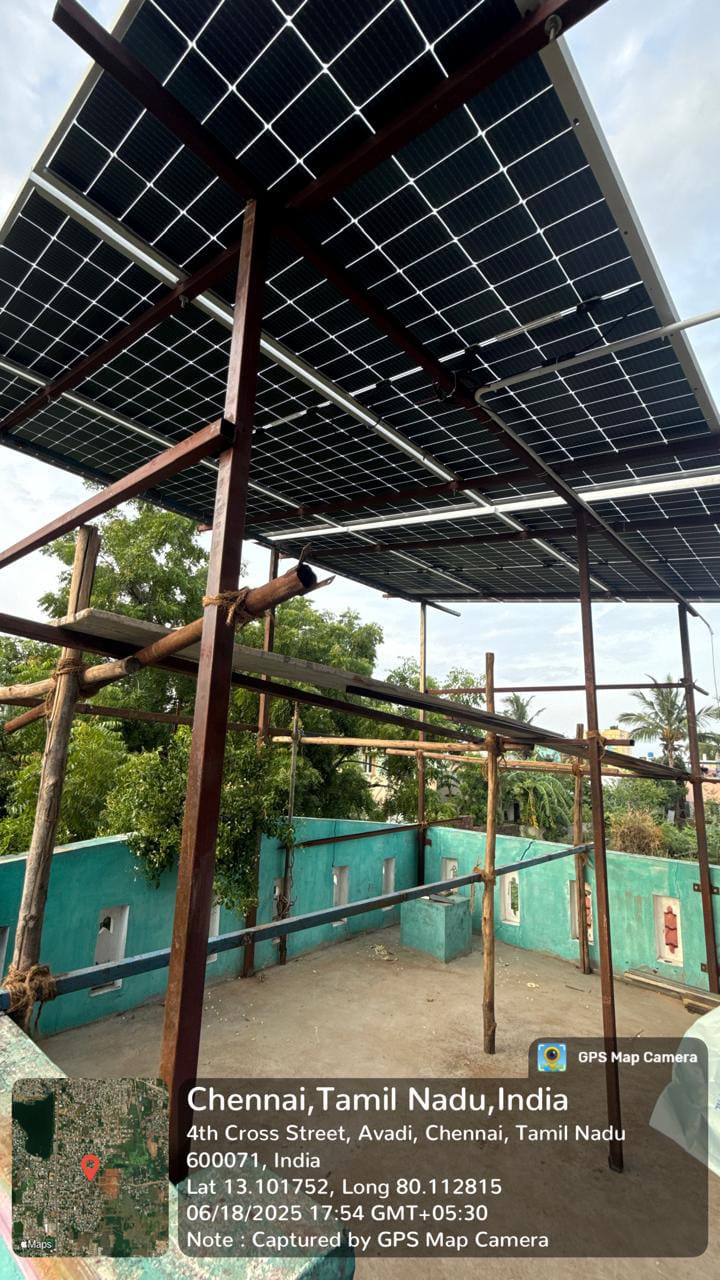 Solar panel installation at Avadi, Chennai, Tamil Nadu — elevated rooftop structure by Gensolar Energy Pvt Ltd.