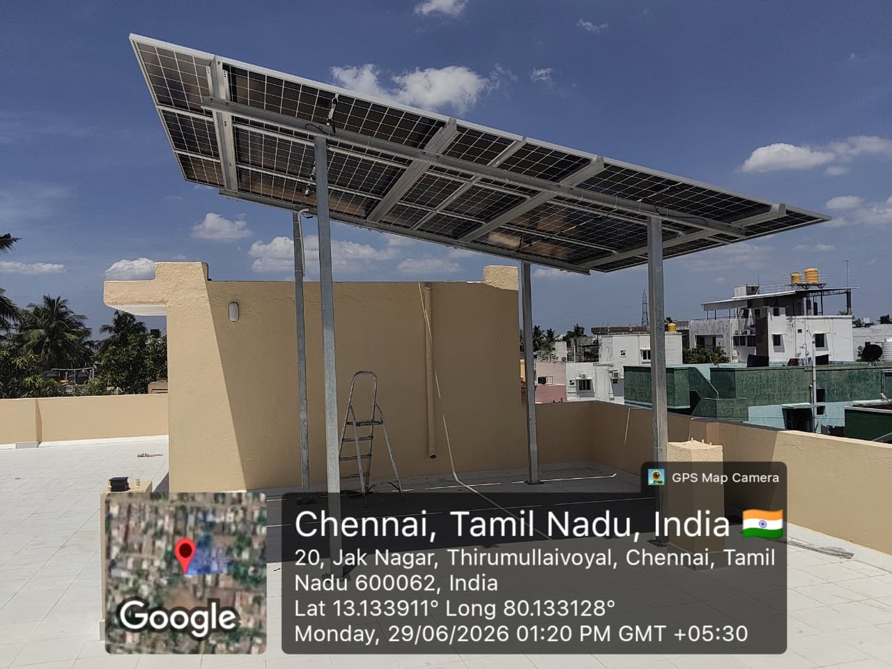 Solar installation at Thirumullaivoyal, Chennai — high-clearance elevated array.