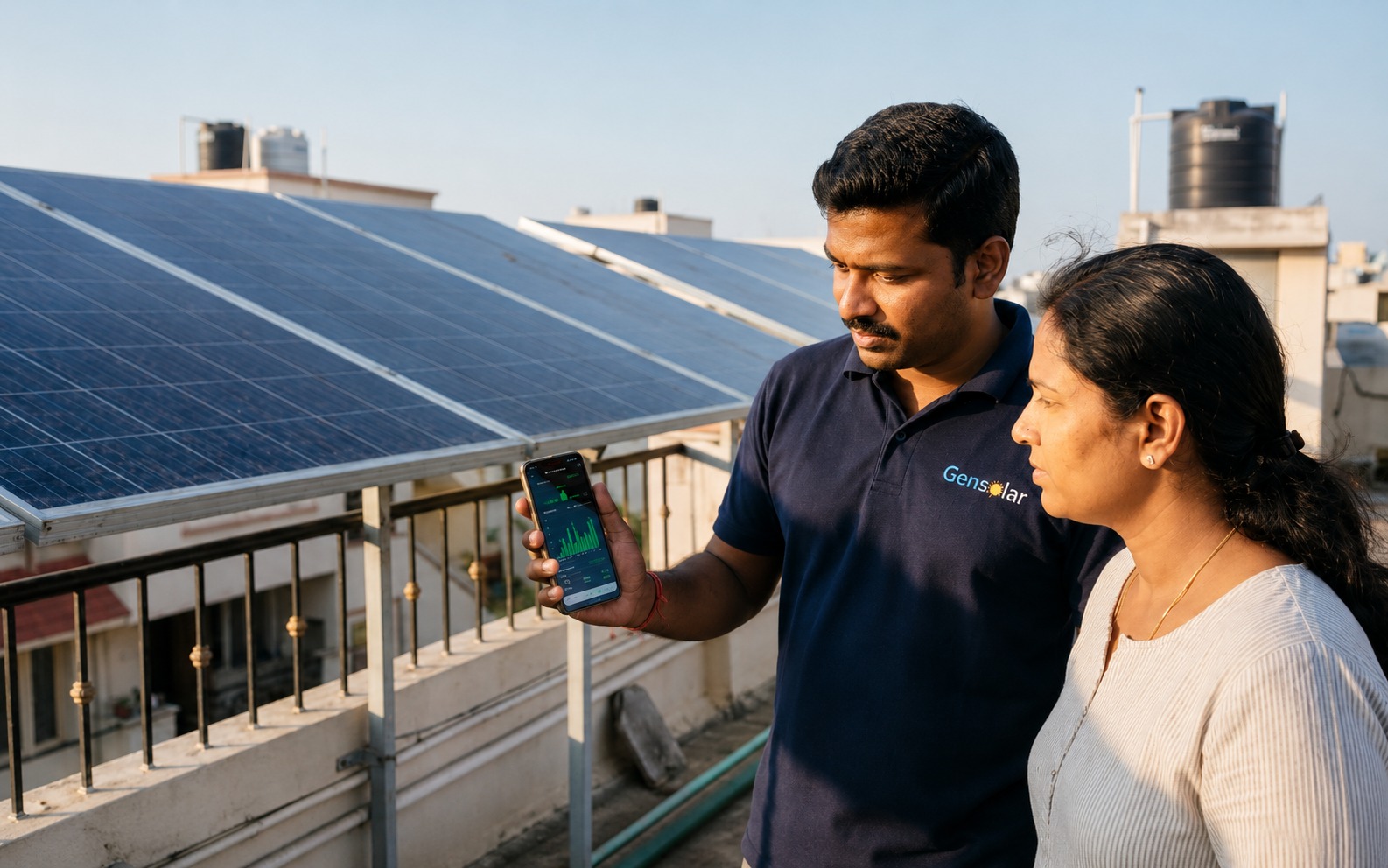 Customer viewing solar generation data on a mobile monitoring app