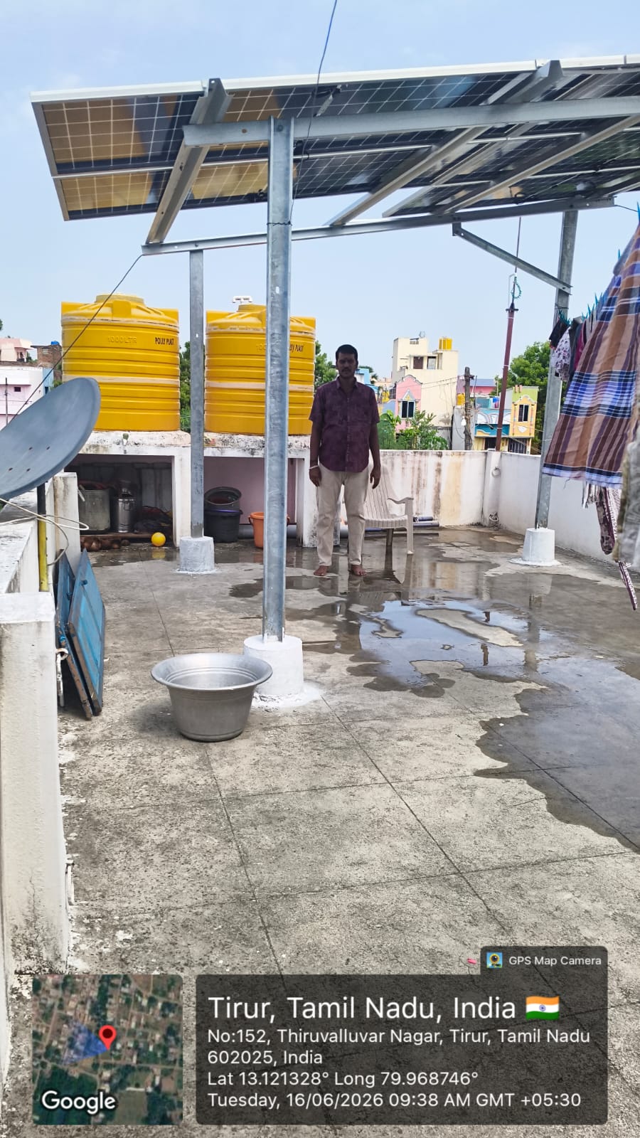 Solar installation at Tirur, Tiruvallur — tilt-mounted elevated rooftop array.