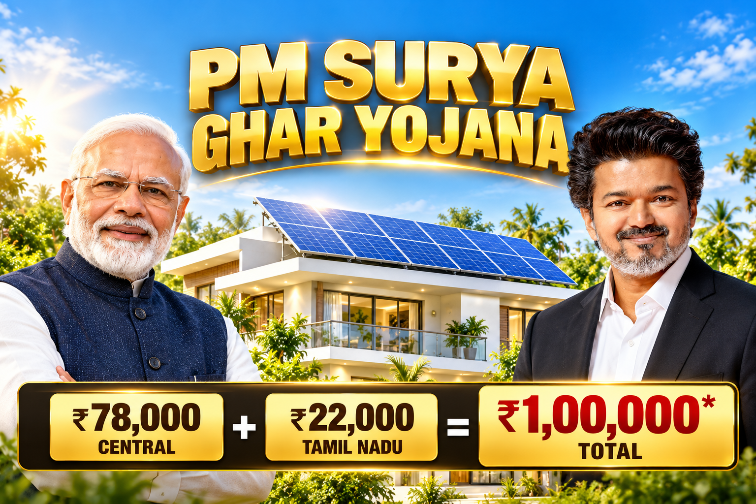 PM Surya Ghar Yojana banner — combined ₹78,000 central and ₹22,000 Tamil Nadu subsidy, up to ₹1,00,000 total for rooftop solar