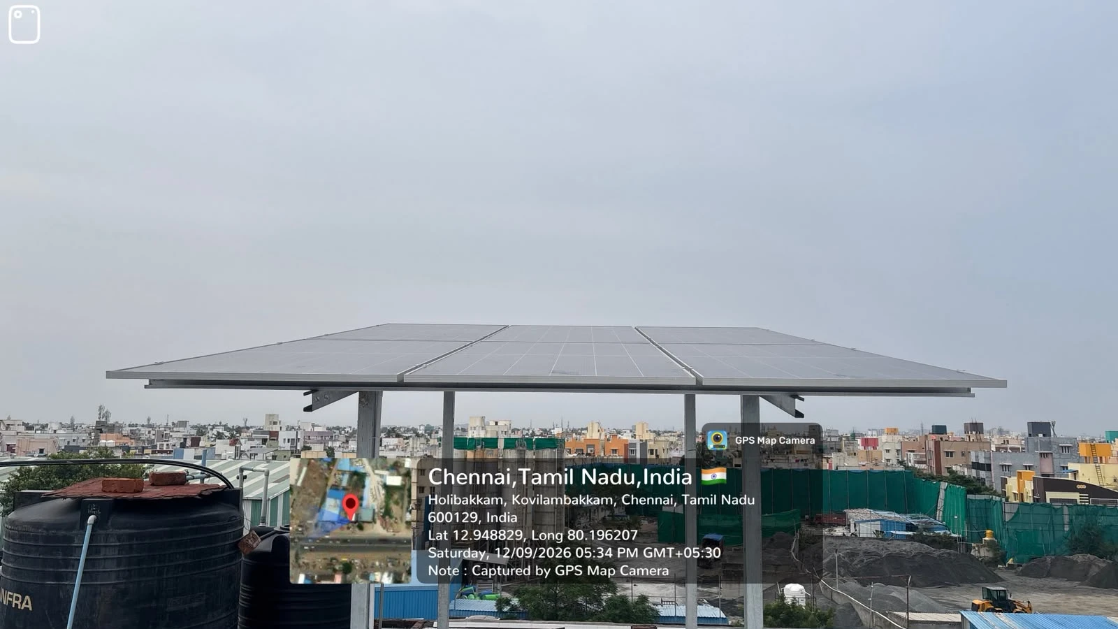 Elevated rooftop solar panel array at Kovilambakkam, Chennai — home solar installation by Gensolar Energy Pvt Ltd, photographed 12 September 2026.