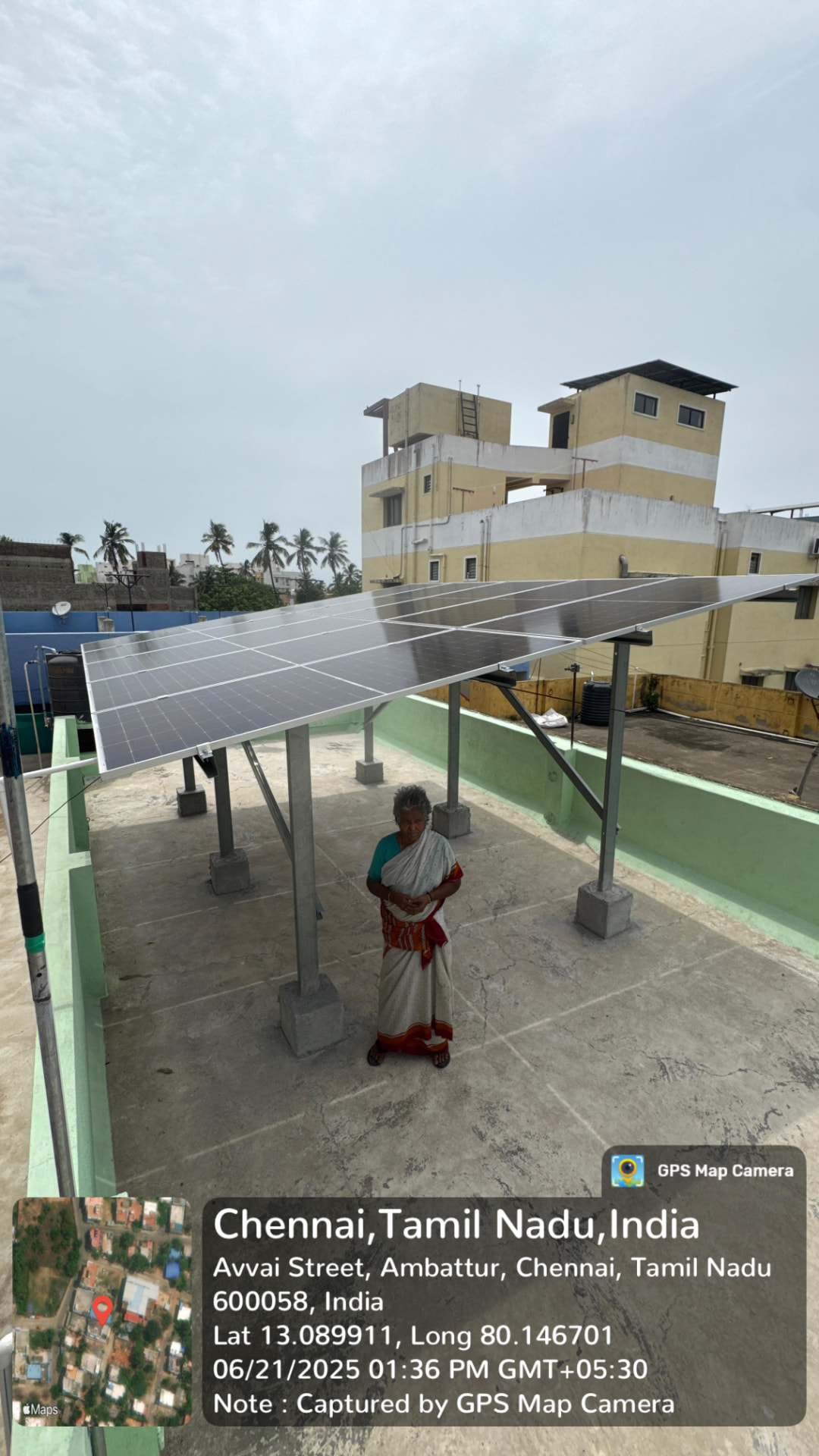 Solar installation for Mallika at Avvai Street, Ambattur, Chennai — elevated canopy.