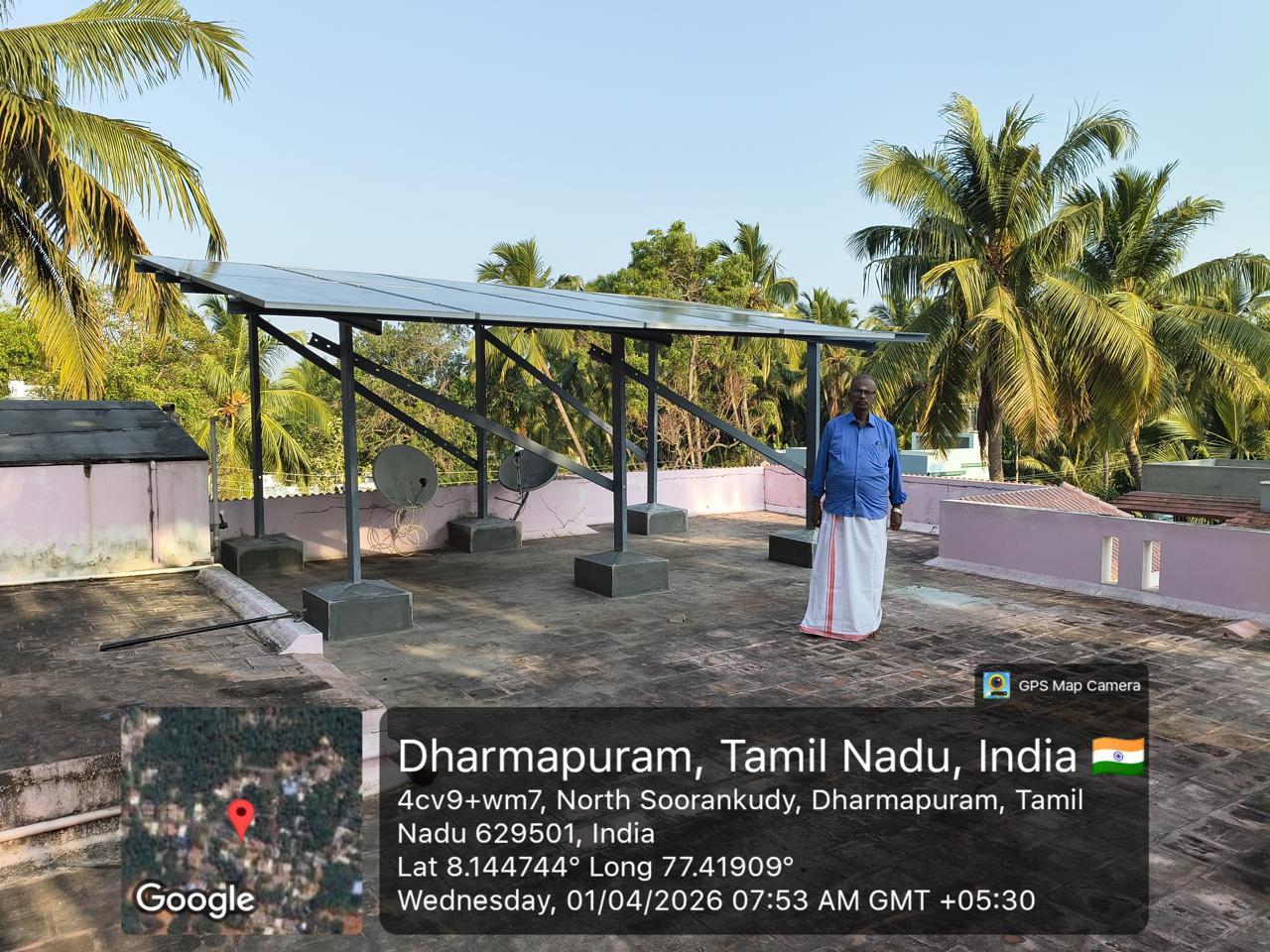 Solar installation at Dharmapuram, Kanyakumari — elevated tilt-frame rooftop array.