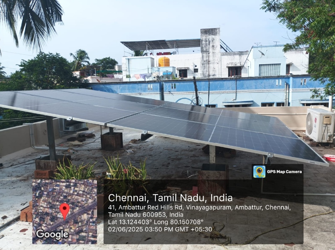 Solar installation for Ragavan at Vinayagapuram, Ambattur, Chennai — tilted terrace array.
