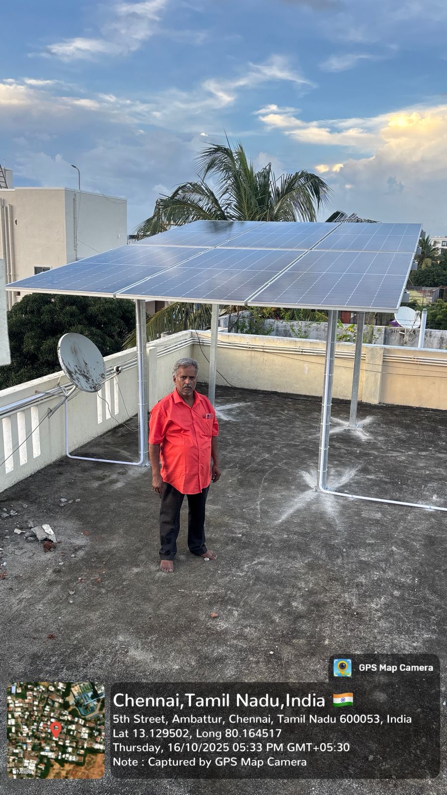 Solar installation for Govindan at 5th Street, Ambattur, Chennai — elevated canopy structure.