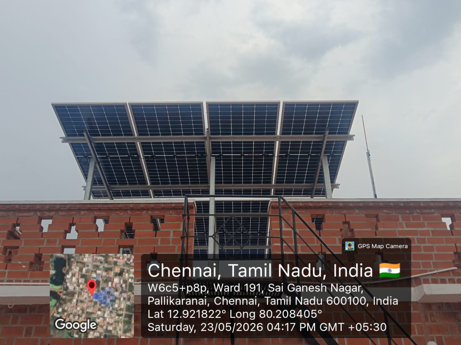 Solar installation at Sai Ganesh Nagar, Pallikaranai — tilted elevated rooftop array.