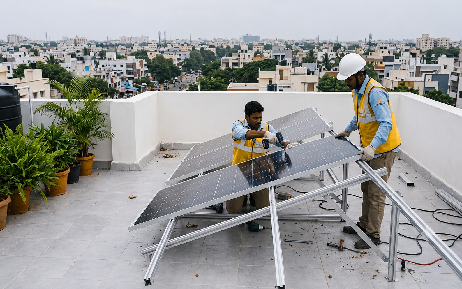 Gensolar team installing rooftop solar panels on mounting structure