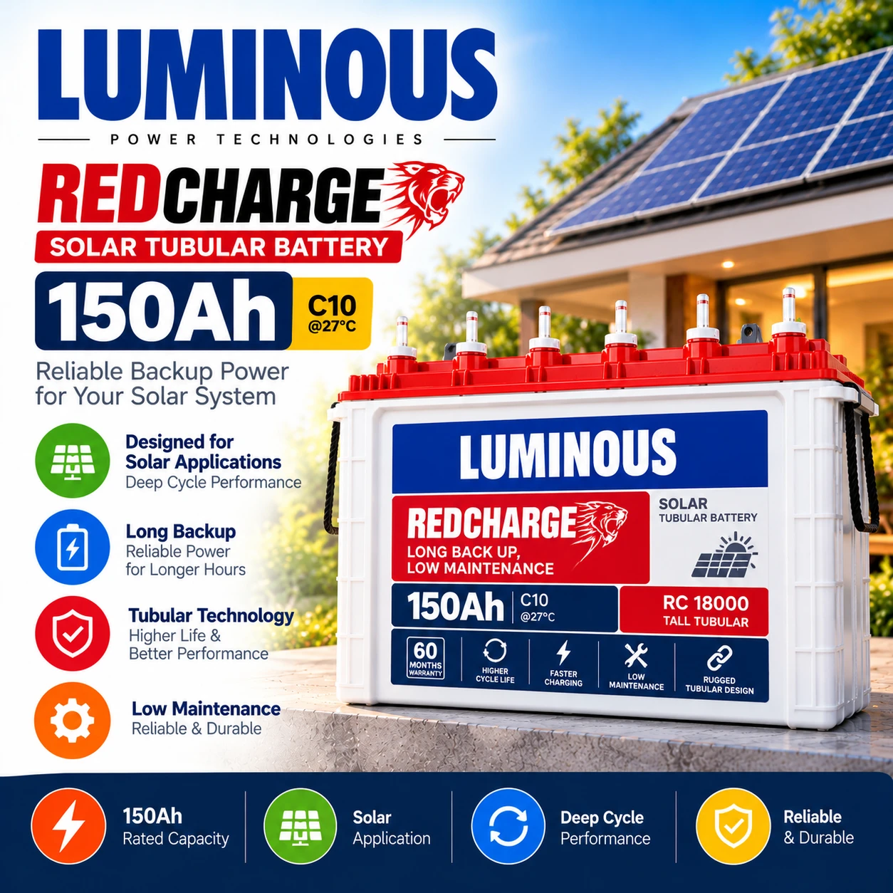 Luminous RedCharge 150Ah Solar Tubular Battery