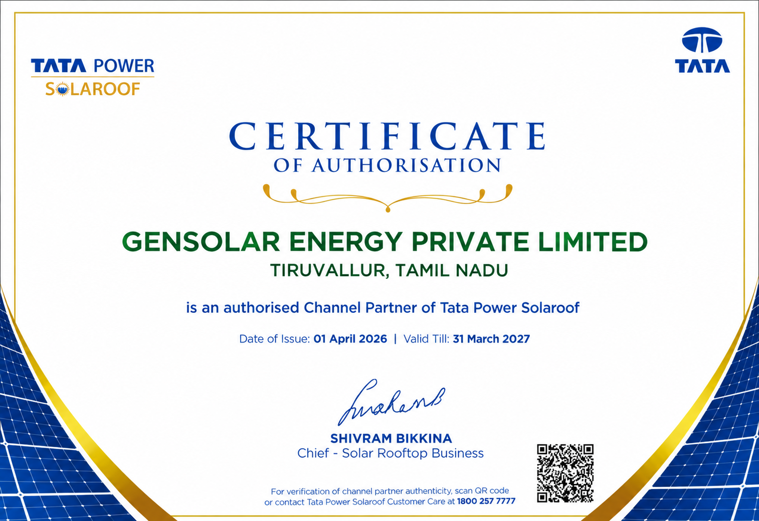 Tata Power Solaroof certificate authorising GenSolar Energy Private Limited as a channel partner in Tiruvallur, Tamil Nadu