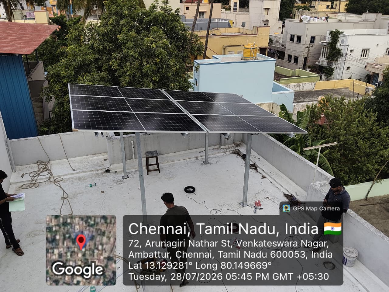 Solar installation at Ambattur, Chennai — galvanised elevated mounting structure on terrace.