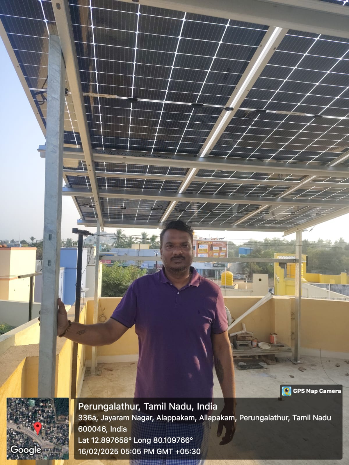 Solar panel installation at Perungalathur, Chennai, Tamil Nadu — high-clearance elevated array by Gensolar Energy Pvt Ltd.
