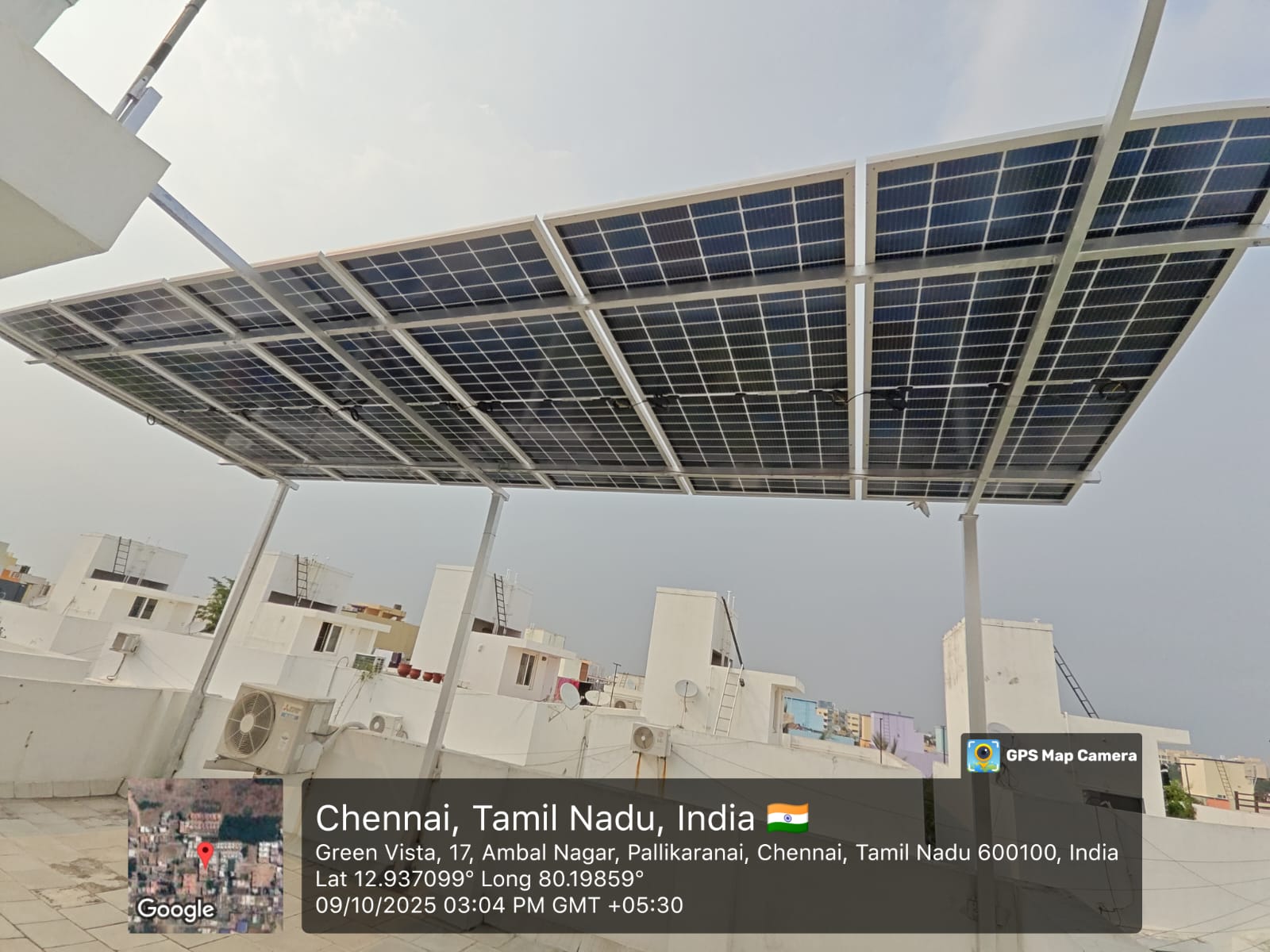 Solar installation for Kasiram at Ambal Nagar, Pallikaranai, Chennai — high-clearance rooftop canopy.