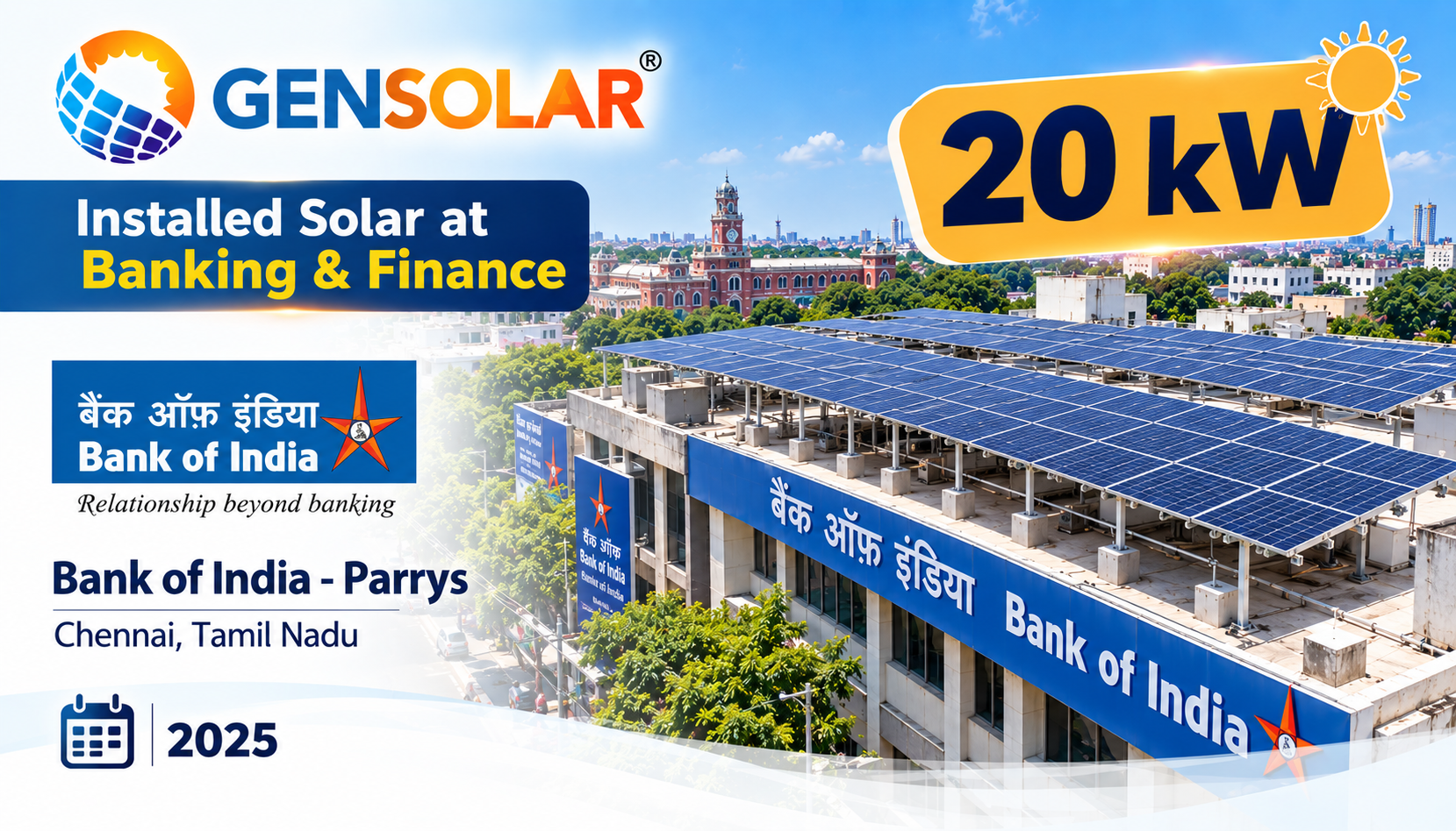 Bank of India — Parrys — 20 kW rooftop solar installation in Chennai, Tamil Nadu