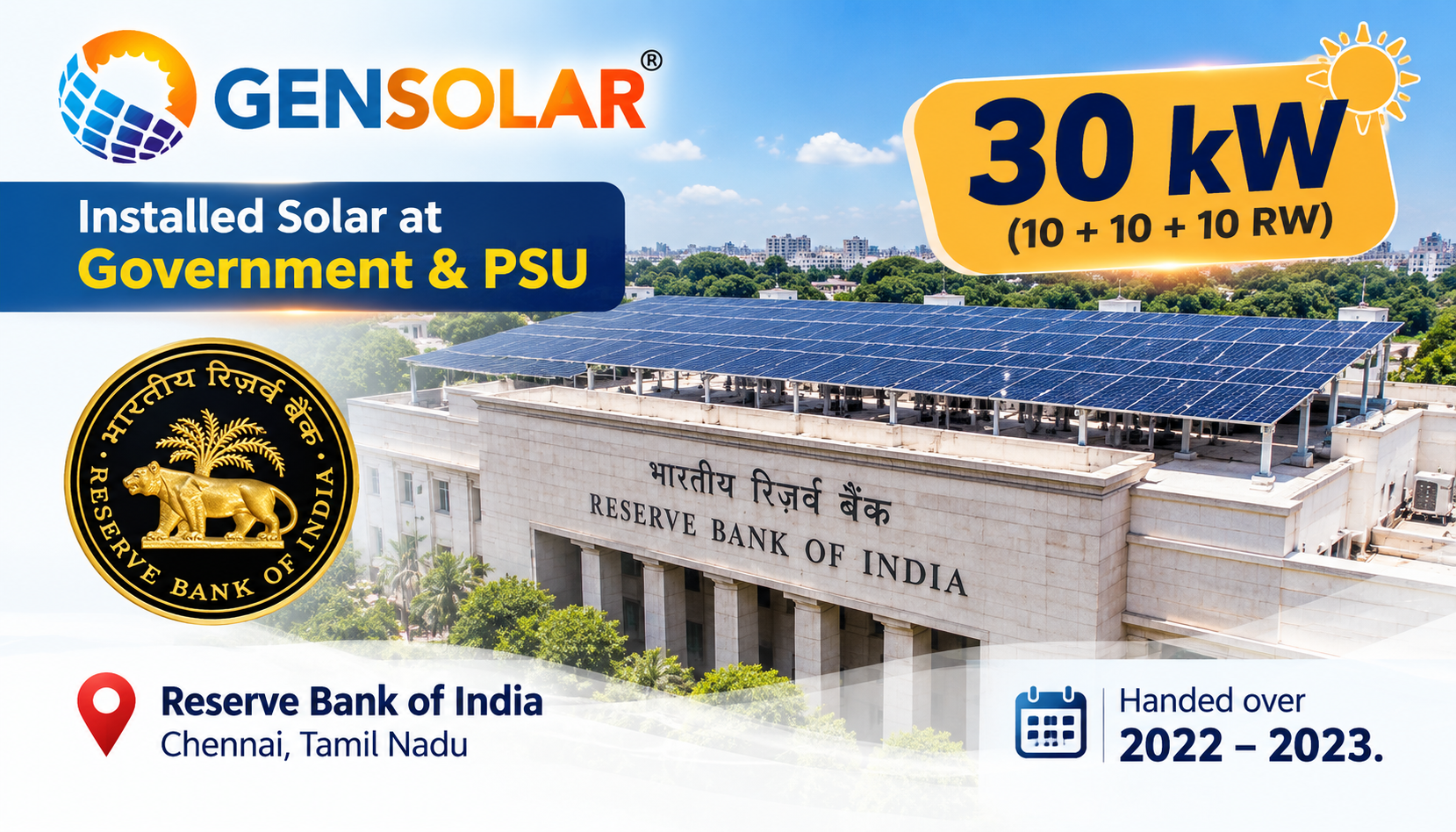 Reserve Bank of India — 30 kW rooftop solar installation in Chennai, Tamil Nadu
