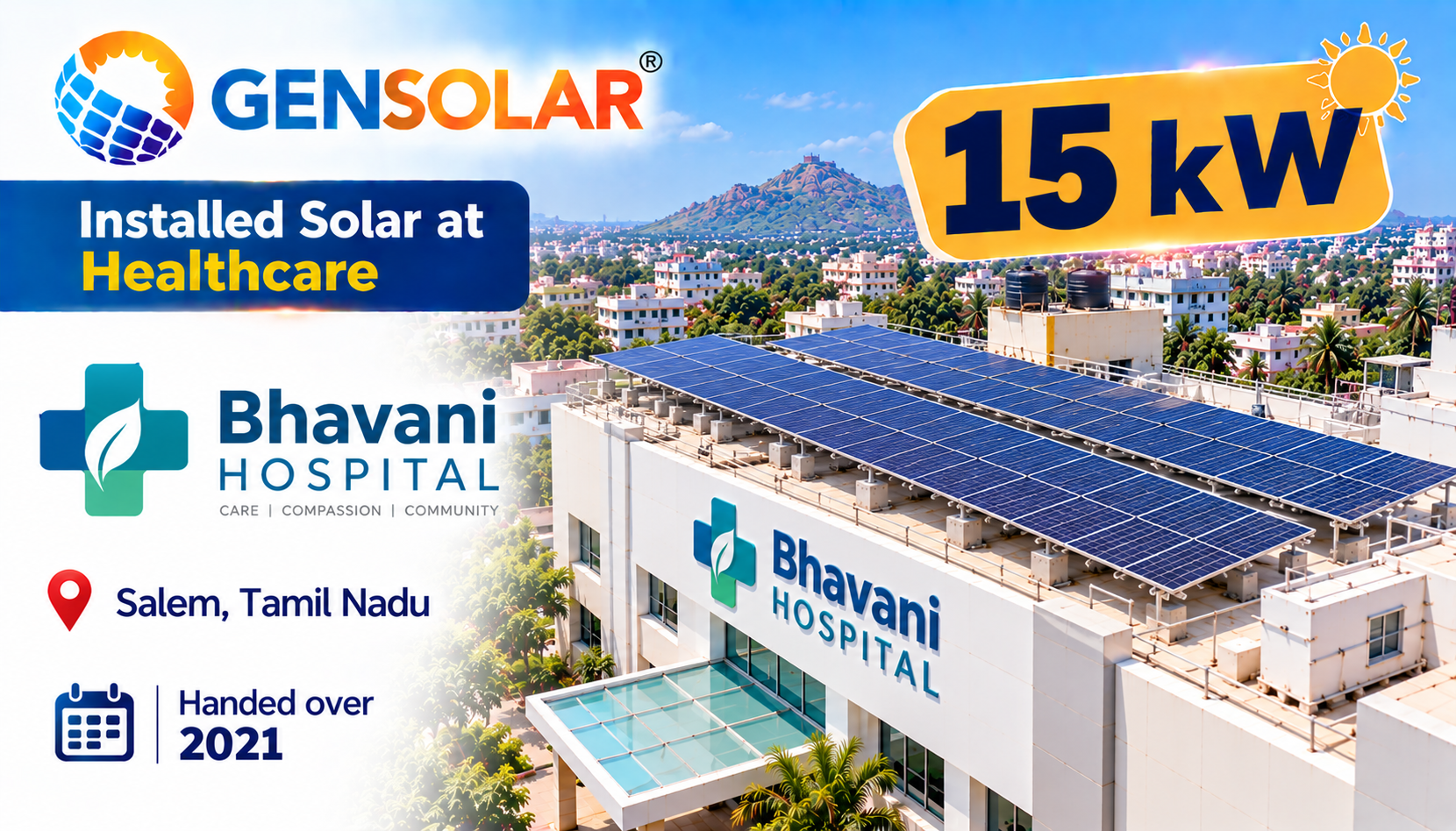 Bhavani Hospital — 15 kW rooftop solar installation in Salem, Tamil Nadu