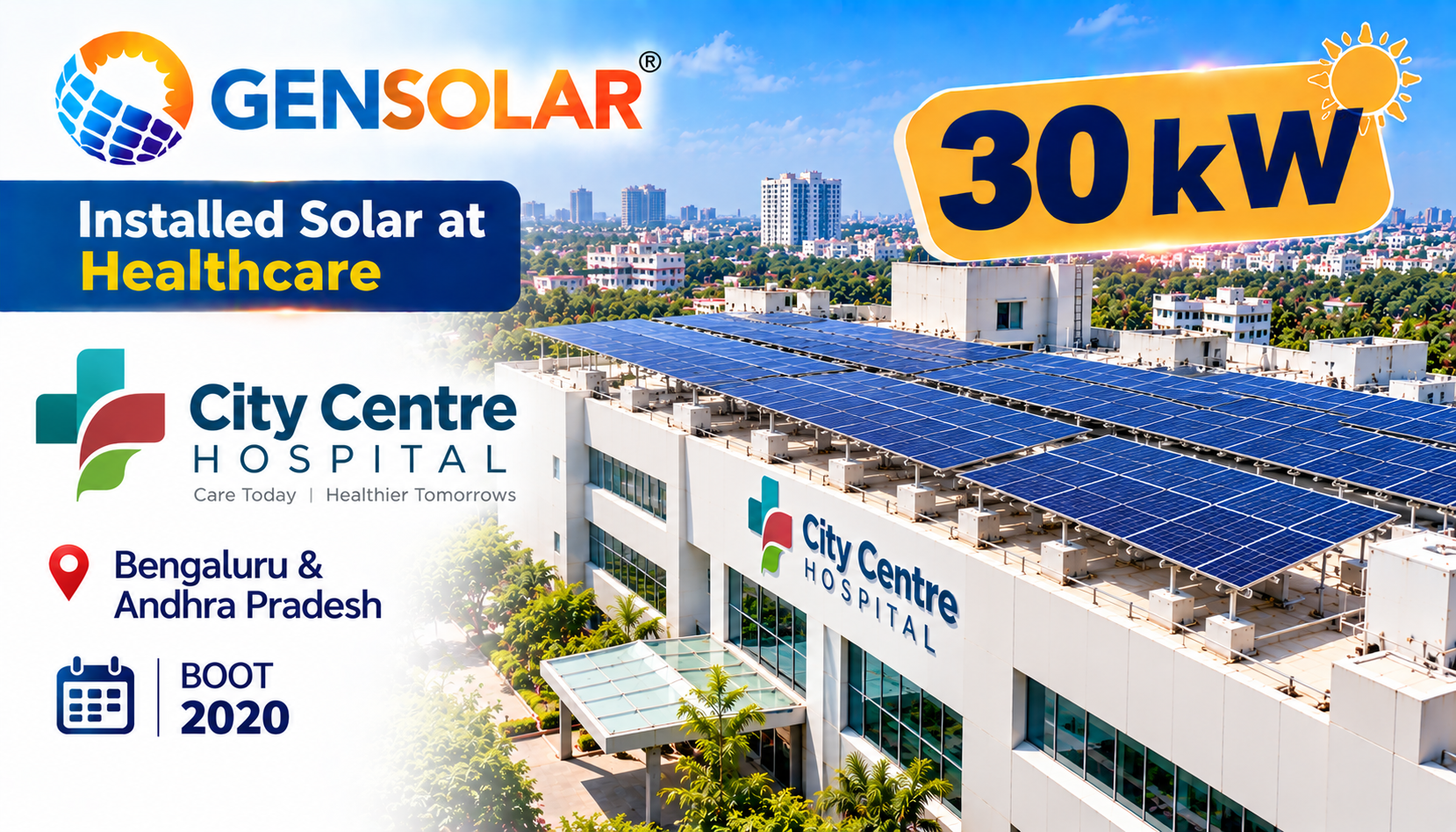 City Centre Hospital — 30 kW rooftop solar installation in Bengaluru & Andhra Pradesh